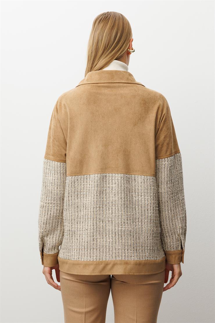 Modailgi  Tüvit Kumaş Garnili Düşük Kol Oversize Yandan Cepli Süet Tunik Vizon