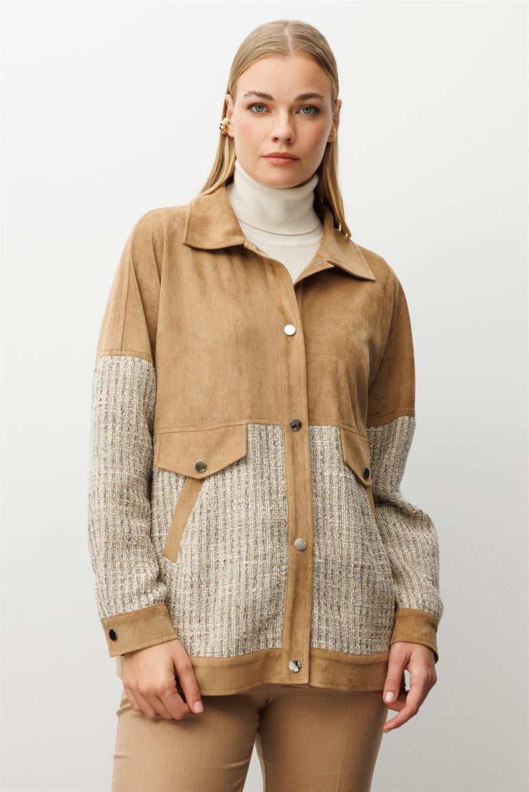 Modailgi  Tüvit Kumaş Garnili Düşük Kol Oversize Yandan Cepli Süet Tunik Vizon