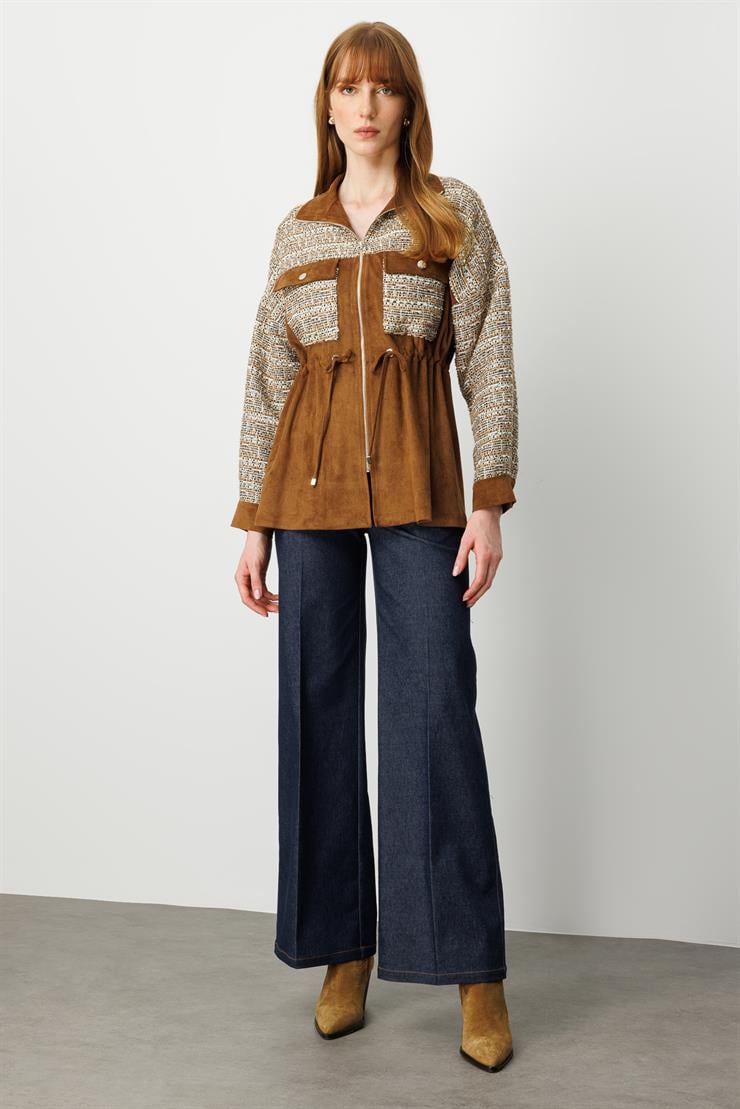 Modailgi  Tvit Kumaş Garnili Tünel Bağcıklı Fermuar Kapamalı Süet Oversize Tunik Vizon