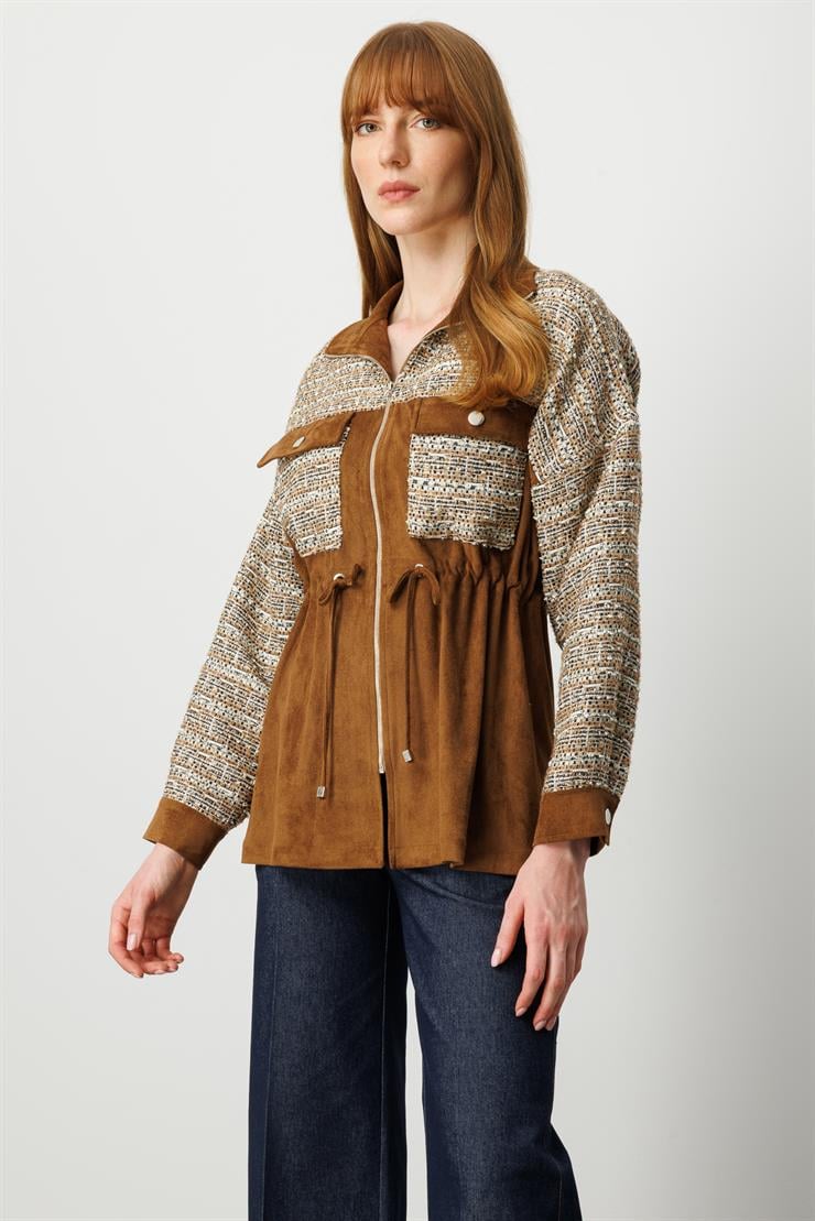 Modailgi  Tvit Kumaş Garnili Tünel Bağcıklı Fermuar Kapamalı Süet Oversize Tunik Vizon