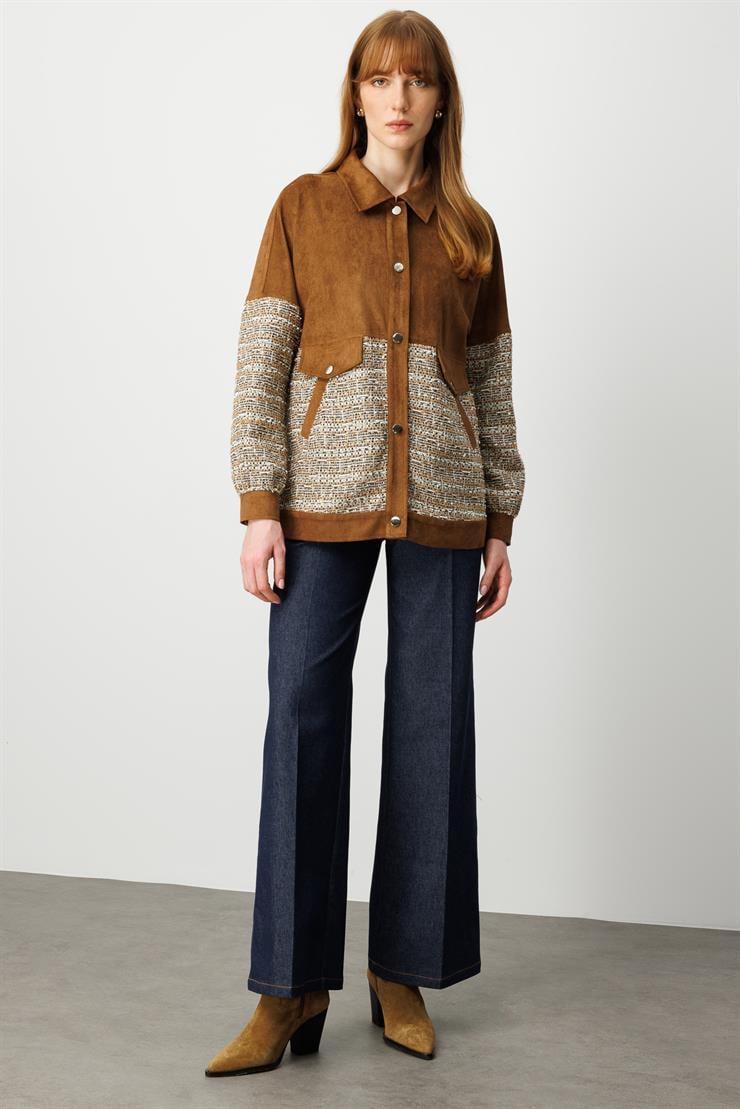 Modailgi  Tvit Kumaş Garnili Tünel Bağcıklı Fermuar Kapamalı Süet Oversize Tunik Vizon