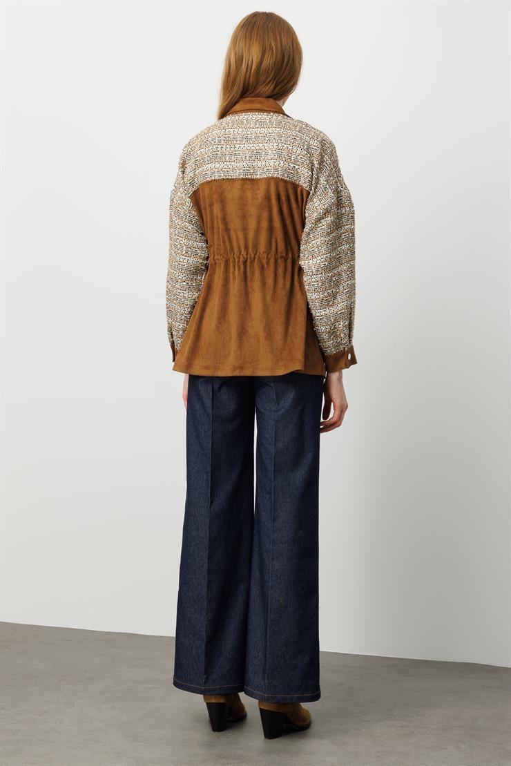 Modailgi  Tvit Kumaş Garnili Tünel Bağcıklı Fermuar Kapamalı Süet Oversize Tunik Vizon