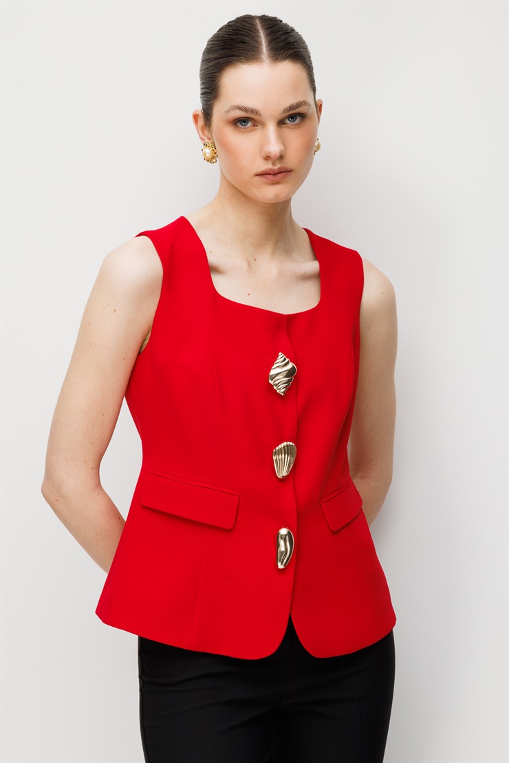 Modailgi  U Yaka Cep Kapaklı Yelek - 40110 Kırmızı