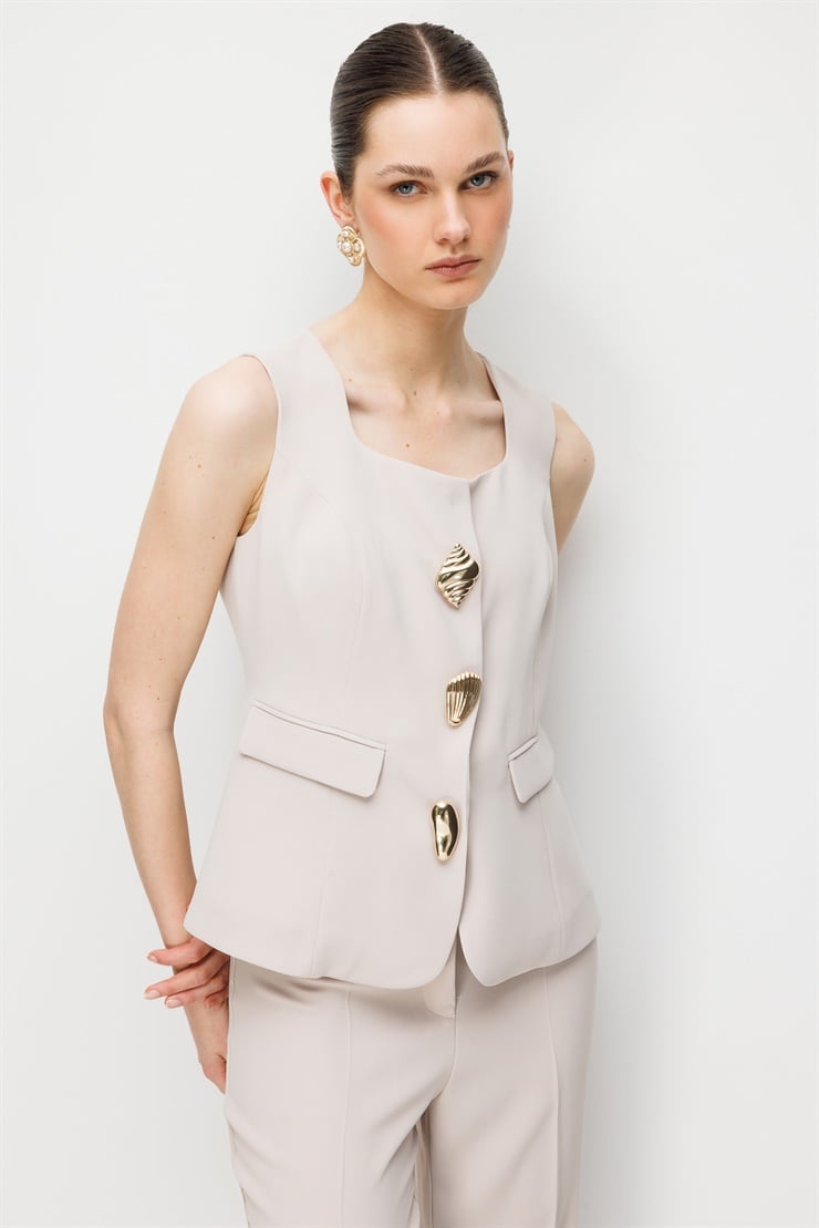 Modailgi  U Yaka Cep Kapaklı Yelek - 40110 Taş