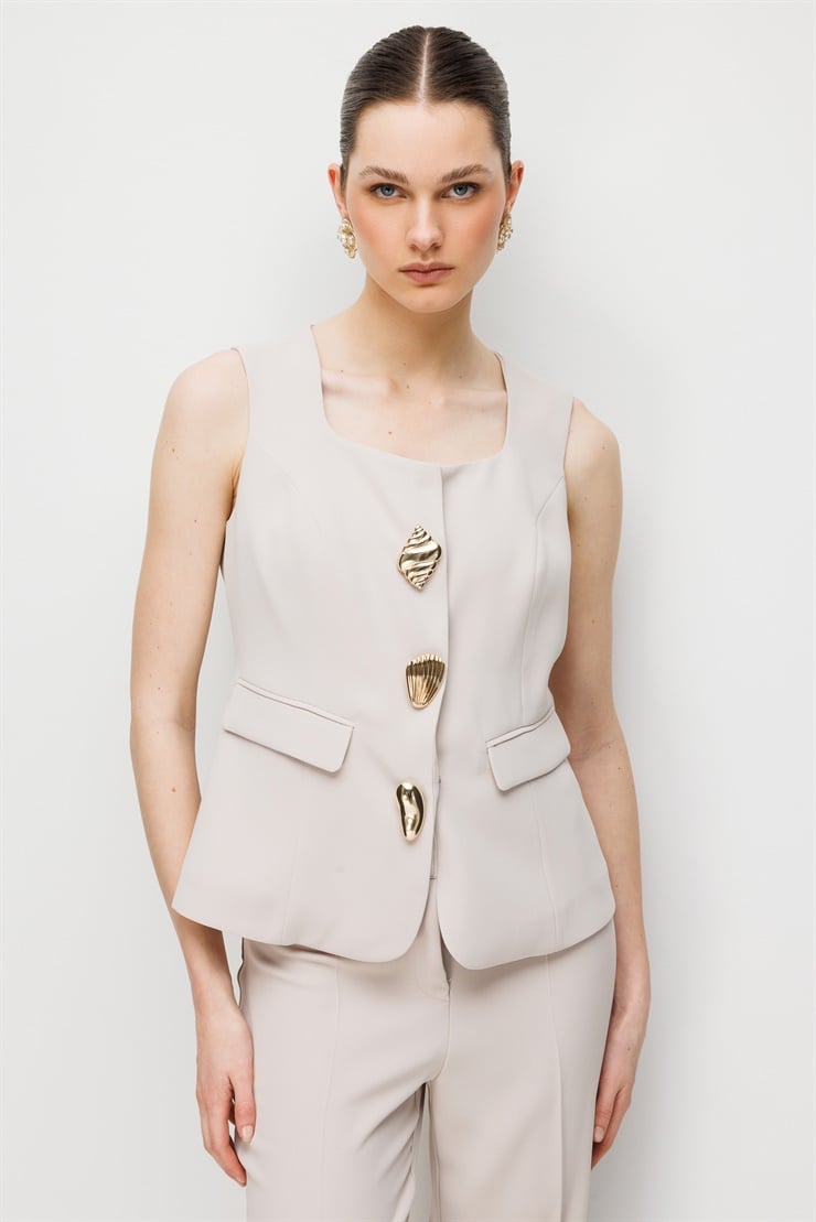 Modailgi  U Yaka Cep Kapaklı Yelek - 40110 Taş