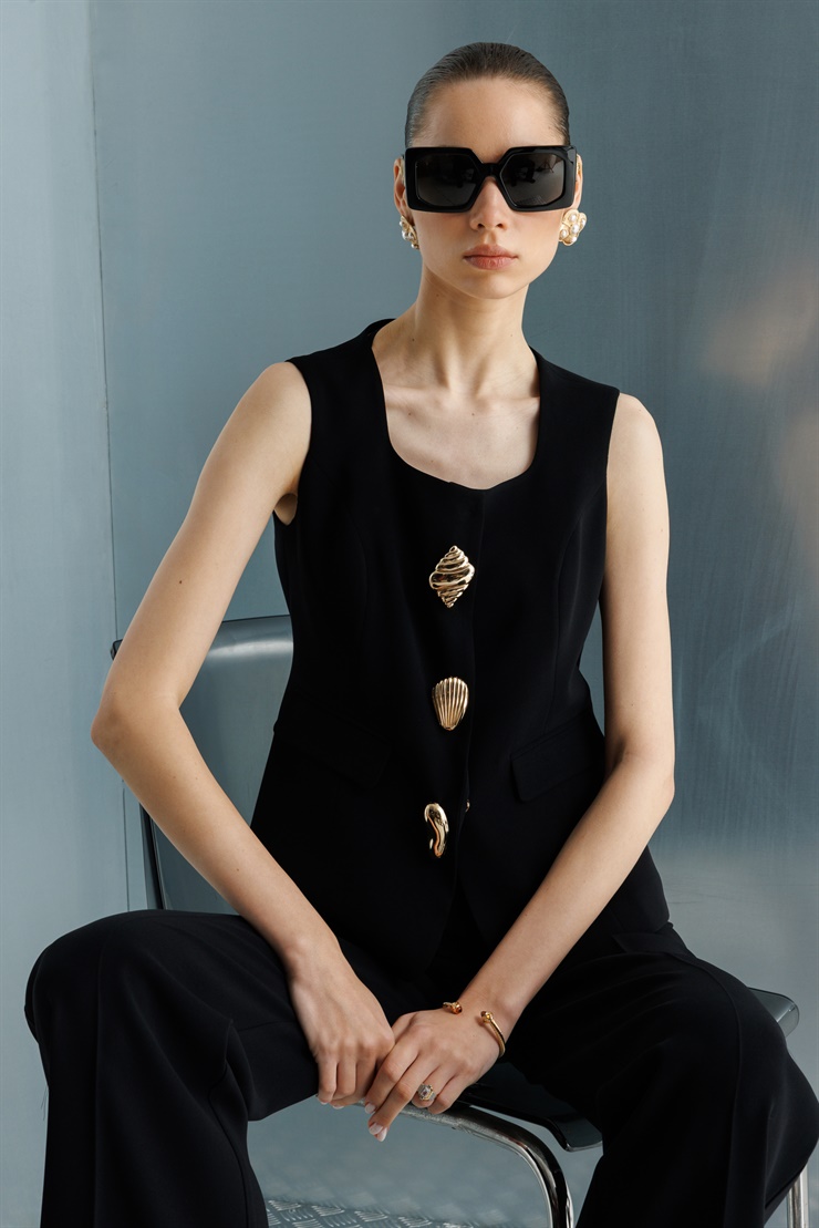 Modailgi  U Yaka Cep Kapaklı Yelek - 40110 Siyah