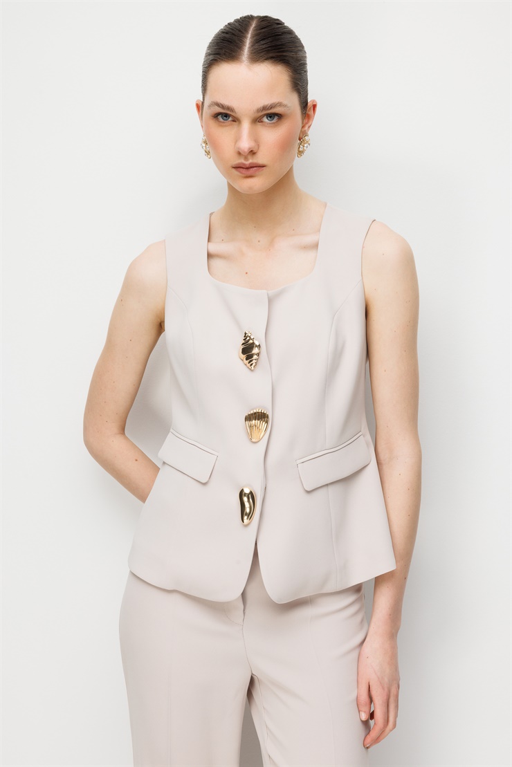 Modailgi  U Yaka Cep Kapaklı Yelek - 40110 Taş