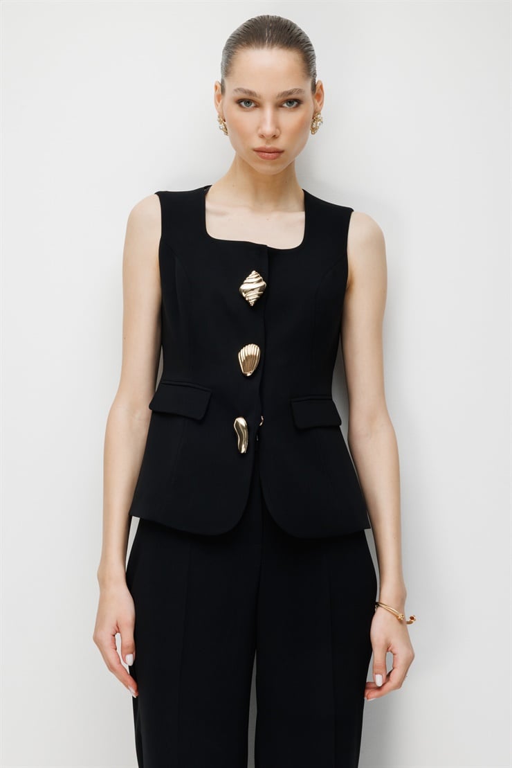 Modailgi  U Yaka Cep Kapaklı Yelek - 40110 Siyah