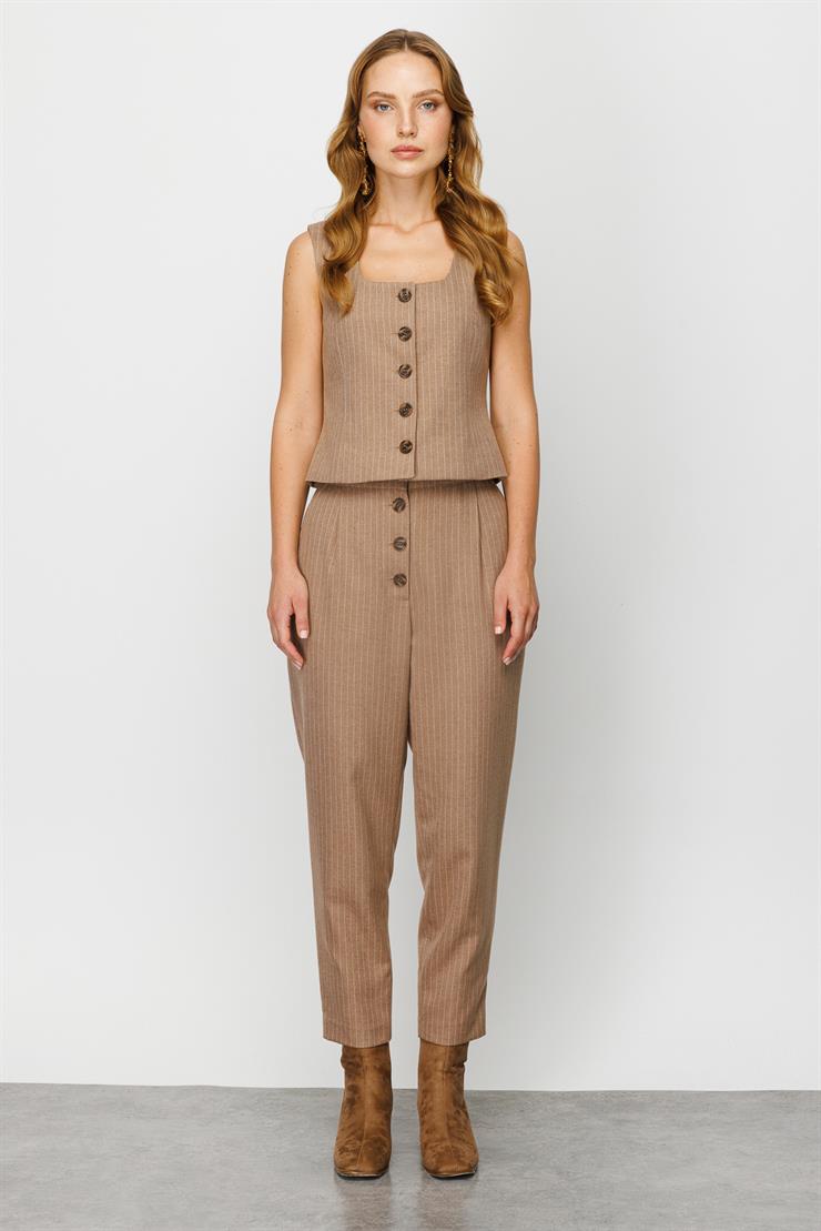 Modailgi  U Yaka Çizgili Yelek Vizon