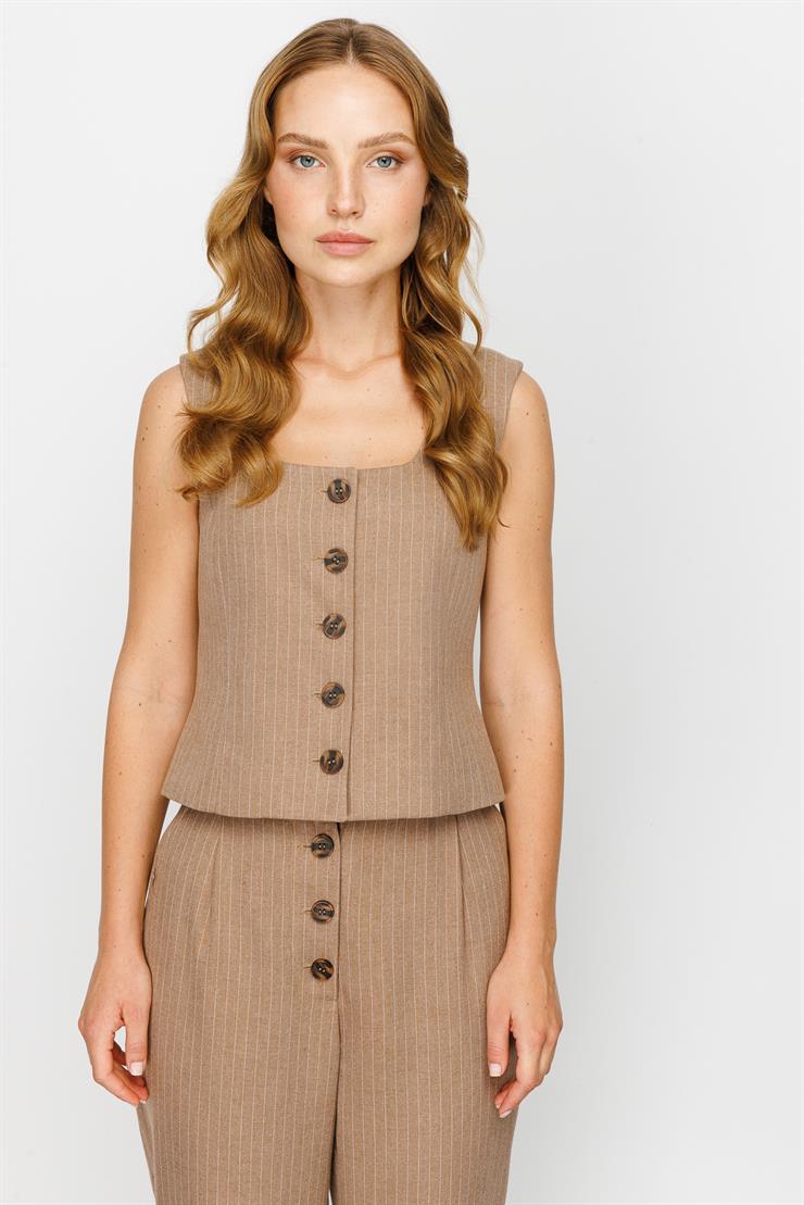 Modailgi  U Yaka Çizgili Yelek Vizon