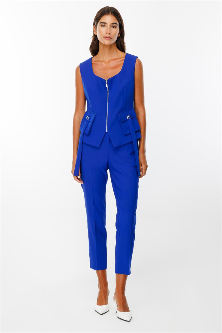 Modailgi  U Yaka Fermuar Kapamalı Torba Cepli Yelek Saks