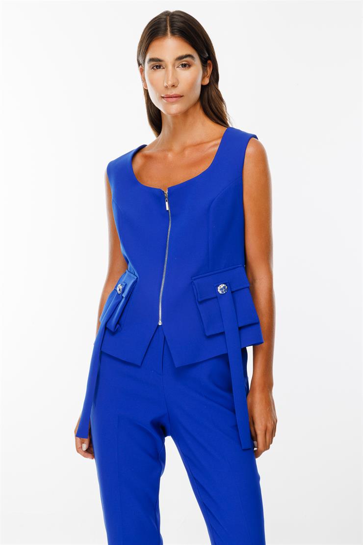 Modailgi  U Yaka Fermuar Kapamalı Torba Cepli Yelek Saks