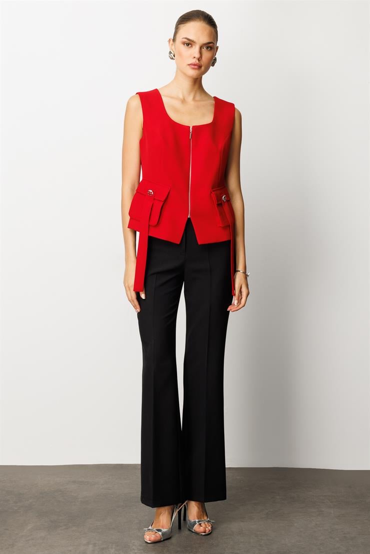 Modailgi  U Yaka Fermuar Kapamalı Torba Cepli Yelek Kırmızı