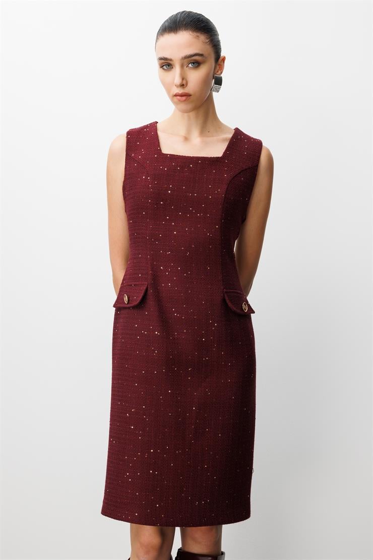 Modailgi  U Yaka Kolsuz Yarım Kuplu Kapak Cep Detaylı Formlu Elbise Bordo