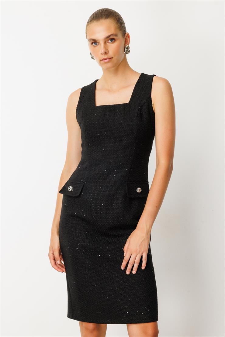 Modailgi  U Yaka Kolsuz Yarım Kuplu Kapak Cep Detaylı Formlu Elbise Siyah