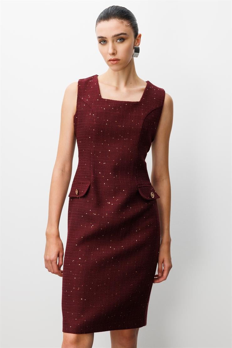 Modailgi  U Yaka Kolsuz Yarım Kuplu Kapak Cep Detaylı Formlu Elbise Bordo