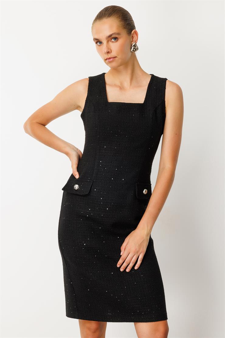 Modailgi  U Yaka Kolsuz Yarım Kuplu Kapak Cep Detaylı Formlu Elbise Siyah