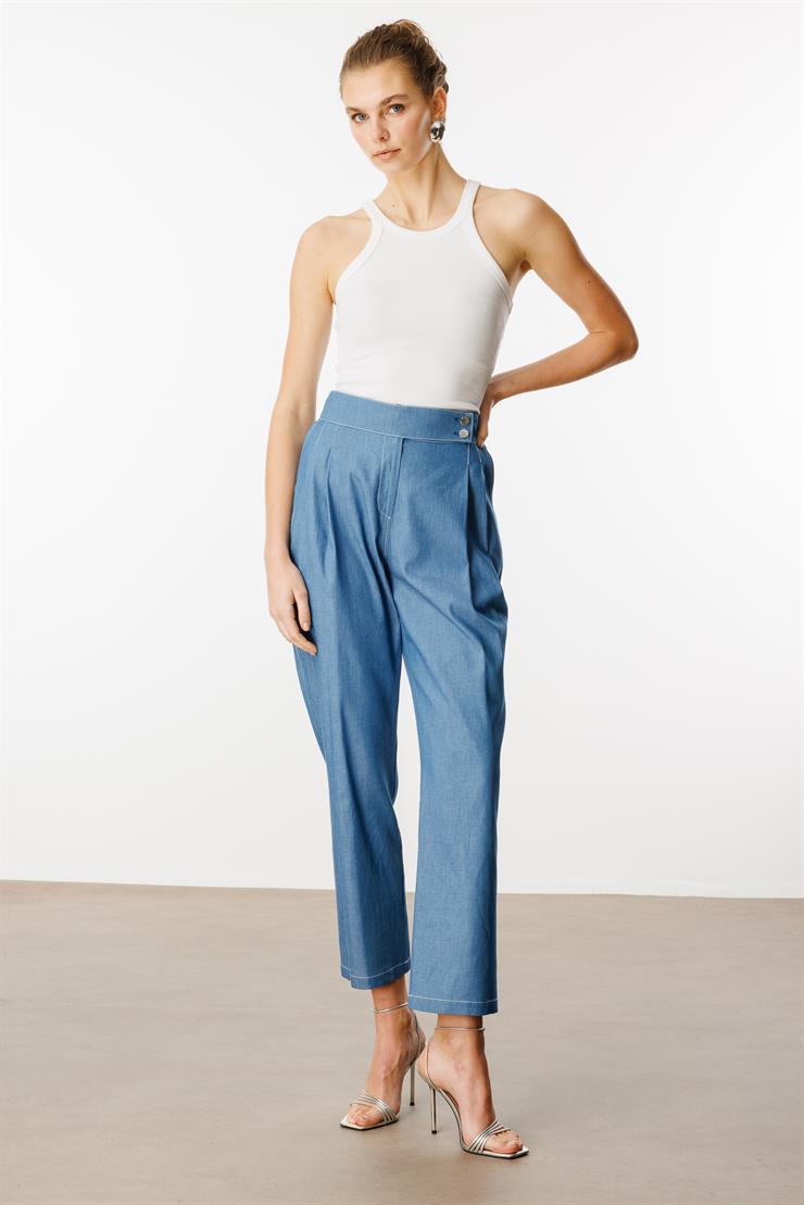 Modailgi  Uzun Kemer Detaylı Çift Pileli Havuç Paça Pantolon - 15004 Mavi