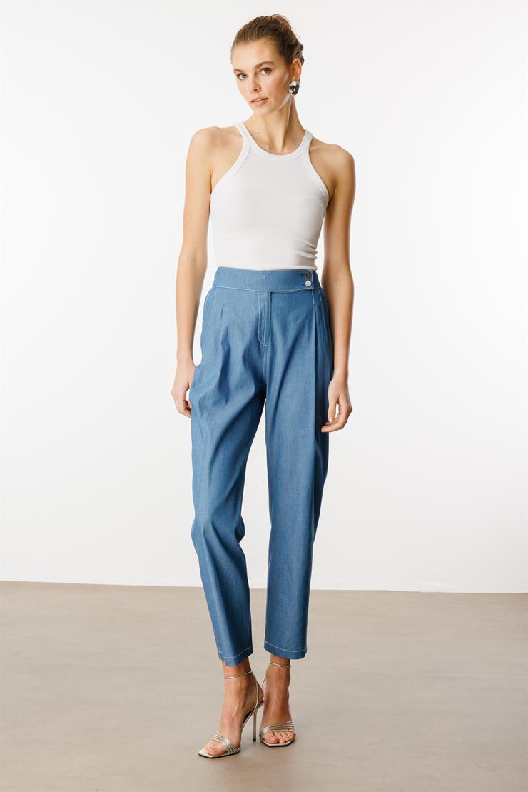 Modailgi  Uzun Kemer Detaylı Çift Pileli Havuç Paça Pantolon - 15004 Mavi