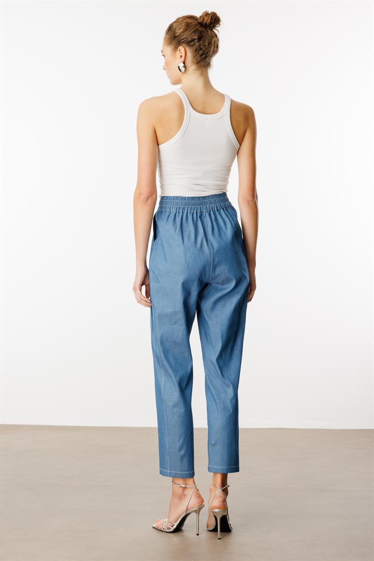 Modailgi  Uzun Kemer Detaylı Çift Pileli Havuç Paça Pantolon - 15004 Mavi