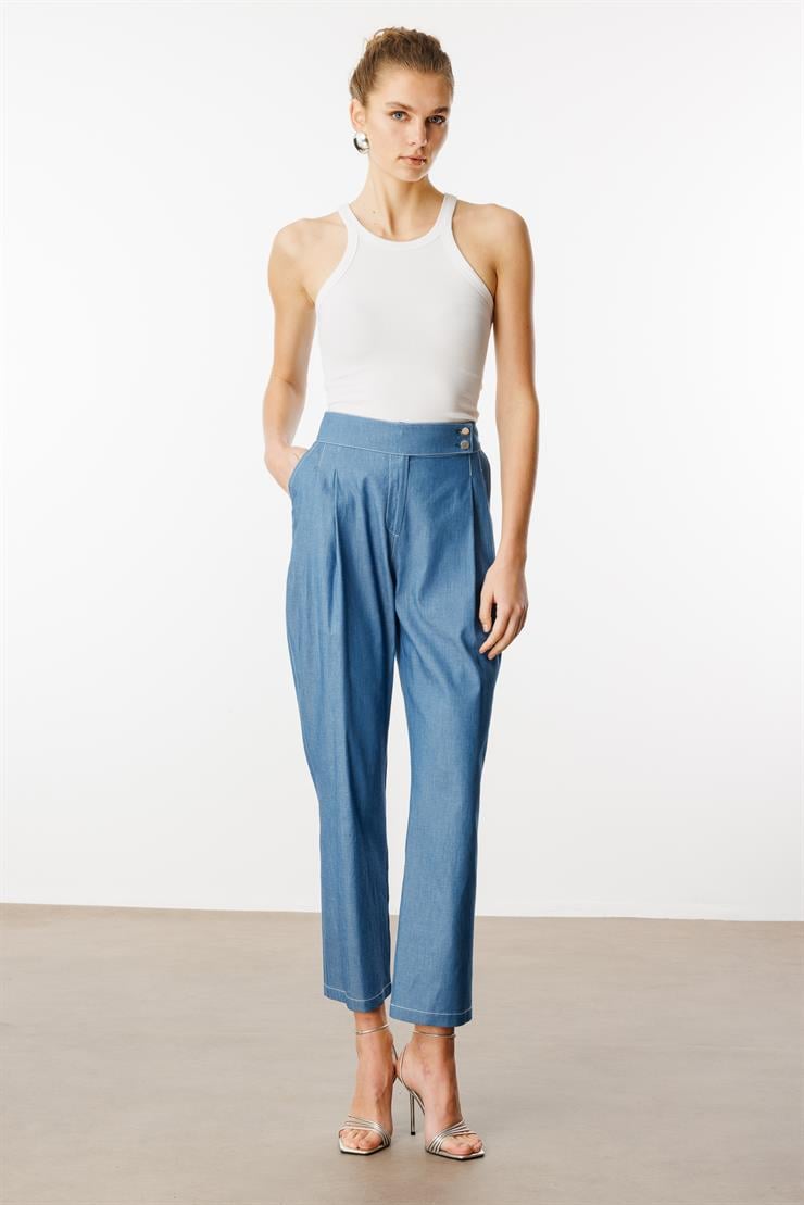 Modailgi  Uzun Kemer Detaylı Çift Pileli Havuç Paça Pantolon - 15004 Mavi