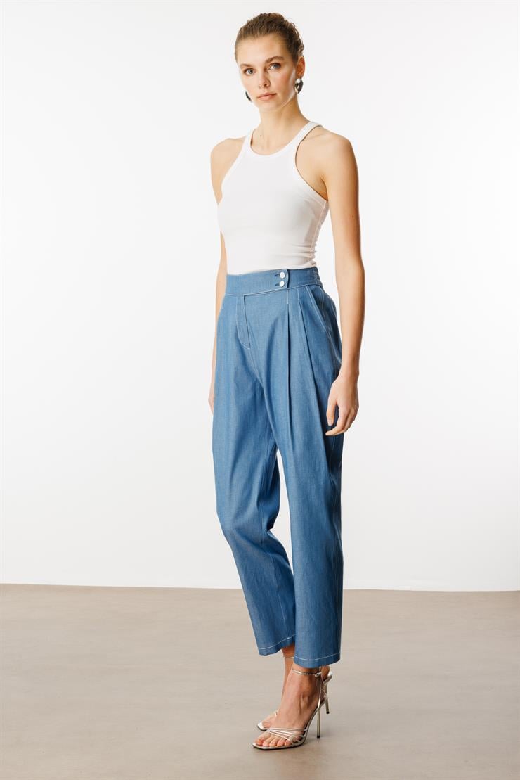 Modailgi  Uzun Kemer Detaylı Çift Pileli Havuç Paça Pantolon - 15004 Mavi