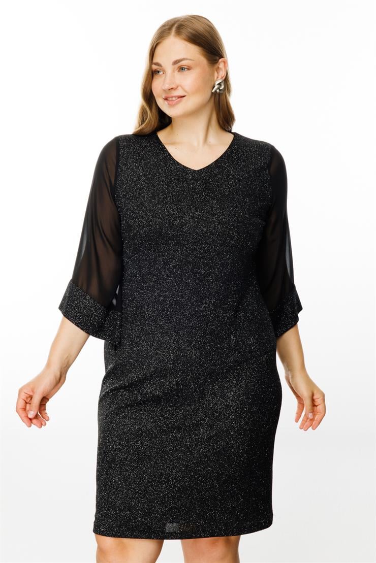 Modailgi  Uzun Kollu Simli Elbise Siyah