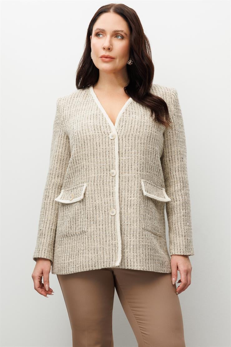 Modailgi  V Yaka Düğme Kapamalı Şerit Detaylı Kapaklı Torba Cepli Ceket Bej
