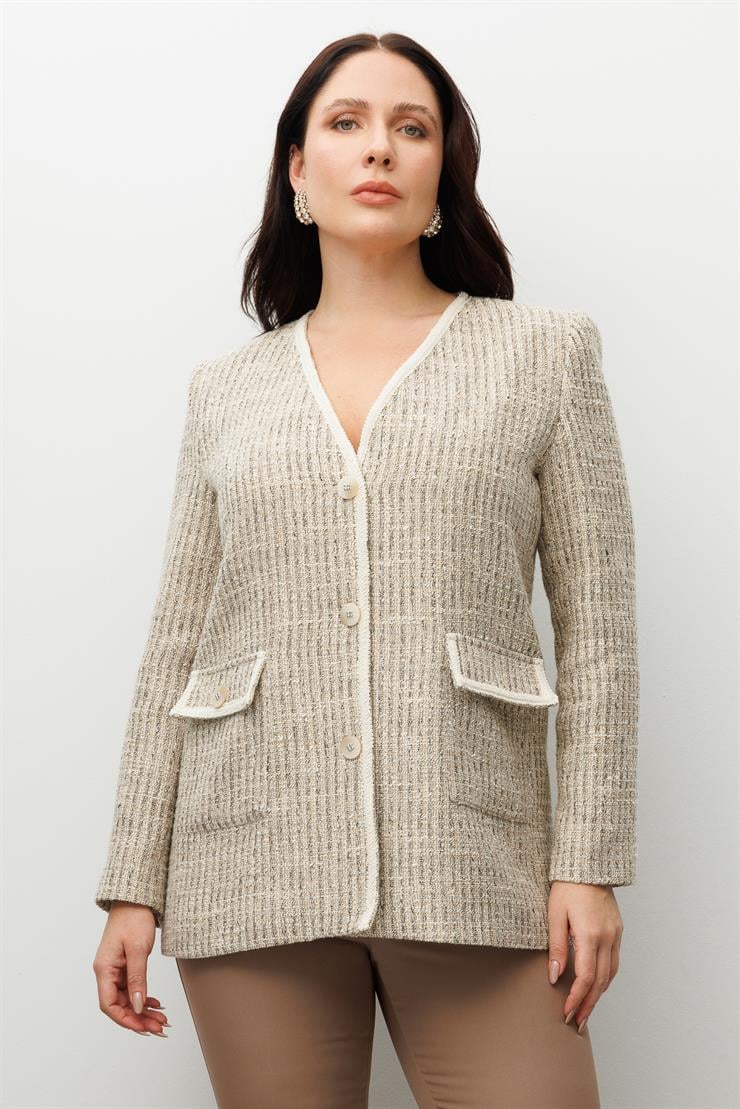 Modailgi  V Yaka Düğme Kapamalı Şerit Detaylı Kapaklı Torba Cepli Ceket Bej