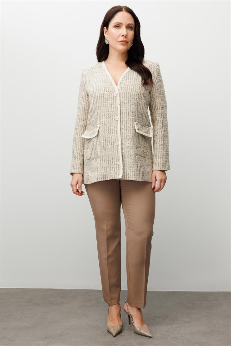 Modailgi  V Yaka Düğme Kapamalı Şerit Detaylı Kapaklı Torba Cepli Ceket Bej