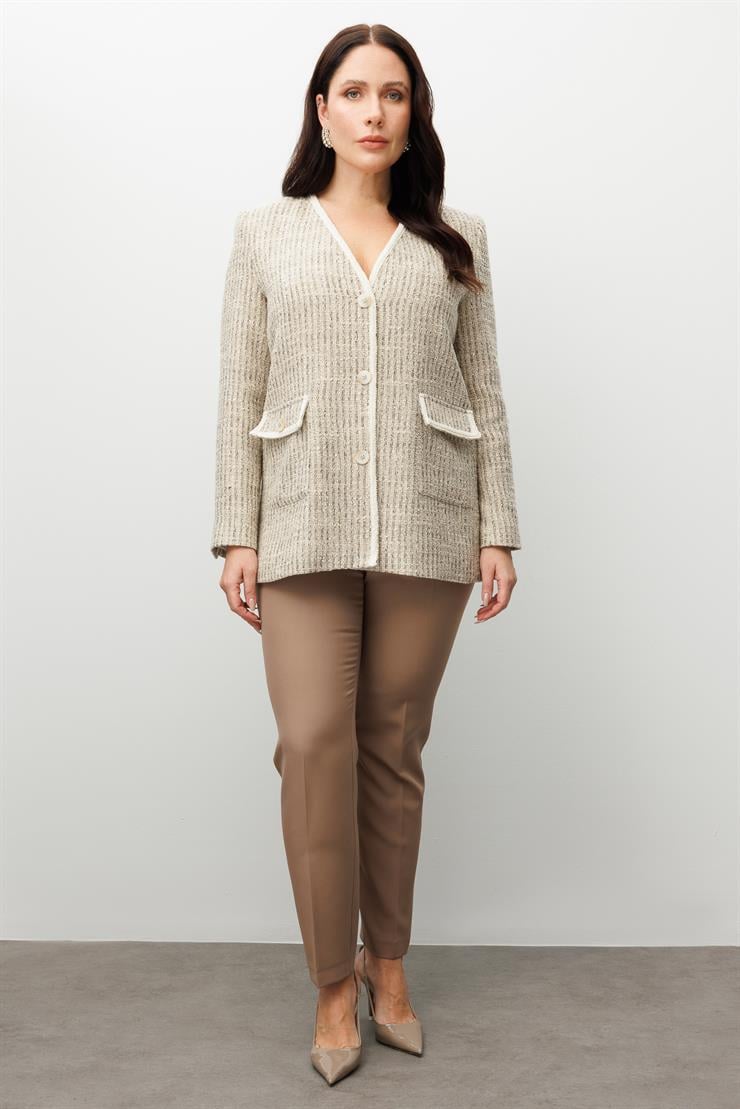 Modailgi  V Yaka Düğme Kapamalı Şerit Detaylı Kapaklı Torba Cepli Ceket Bej