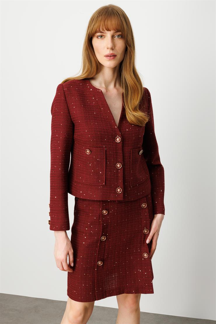 Modailgi  V Yaka Düğme Kapamalı Torba Cepli Astarlı Kısa Ceket Bordo