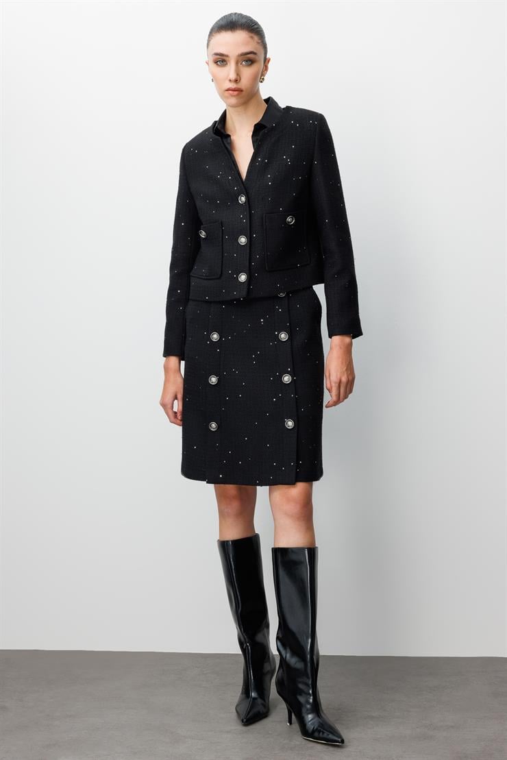 Modailgi  V Yaka Düğme Kapamalı Torba Cepli Astarlı Kısa Ceket Siyah