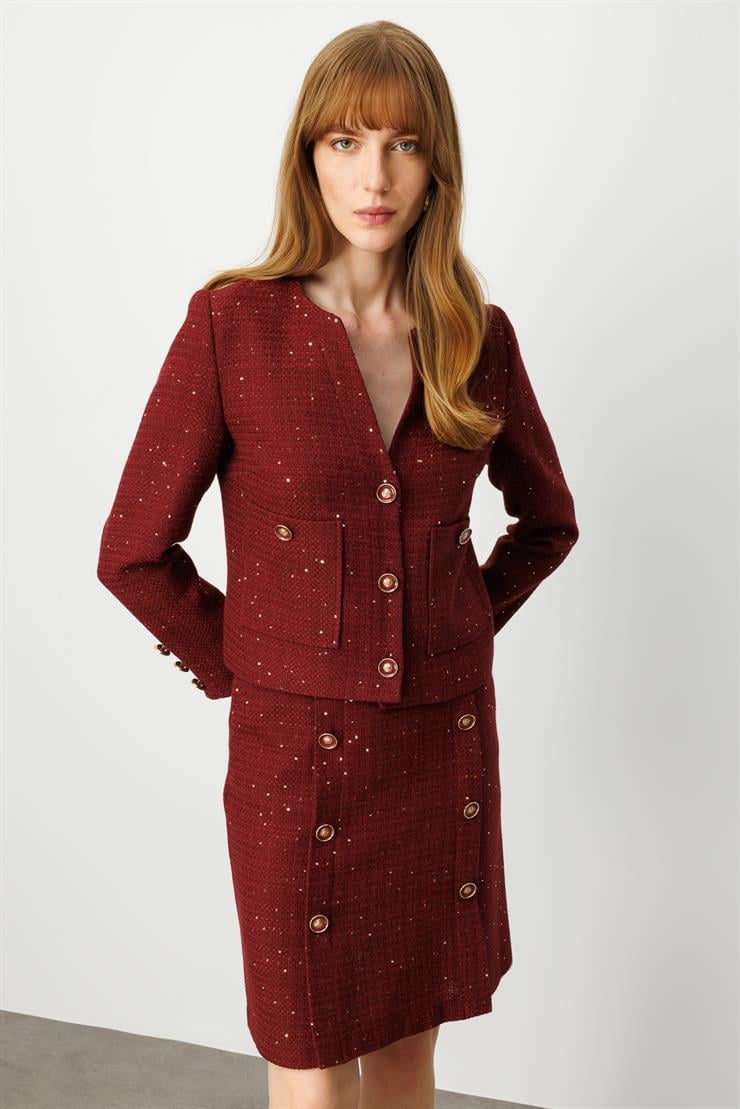 Modailgi  V Yaka Düğme Kapamalı Torba Cepli Astarlı Kısa Ceket Bordo