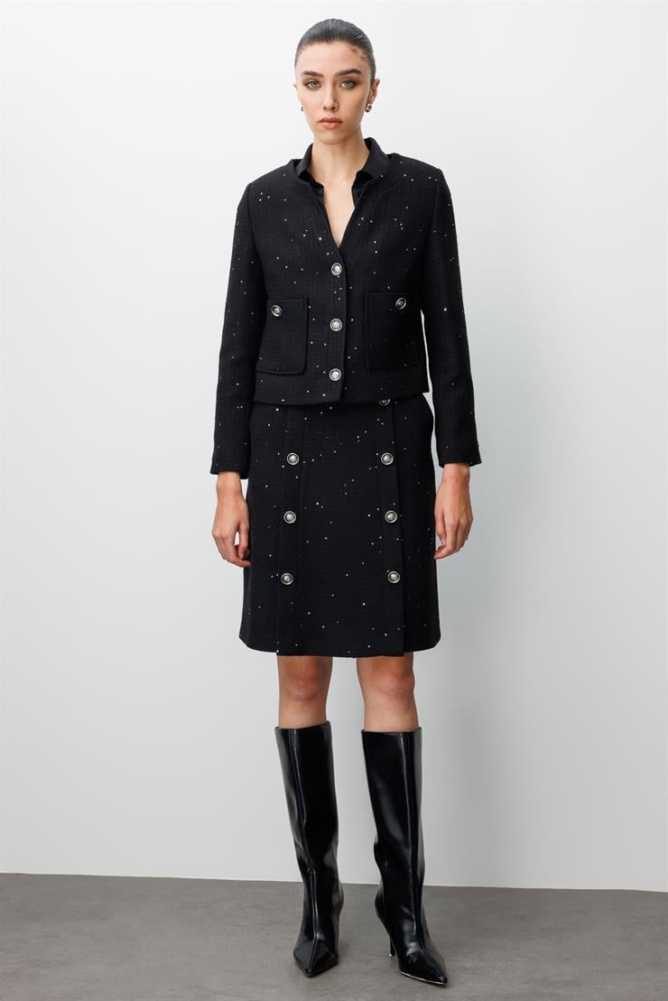 Modailgi  V Yaka Düğme Kapamalı Torba Cepli Astarlı Kısa Ceket Siyah