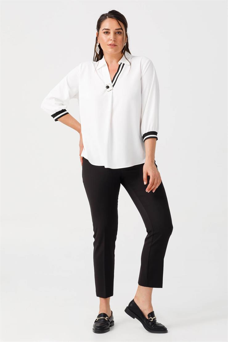 Modailgi  V Yaka Kolları Ribanalı Bluz Ekru