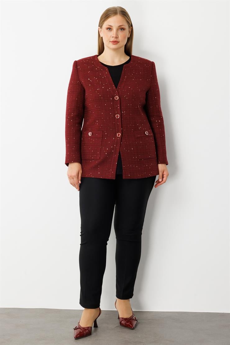 Modailgi  V Yaka Pullu Tüvit Kumaş Ceket Bordo