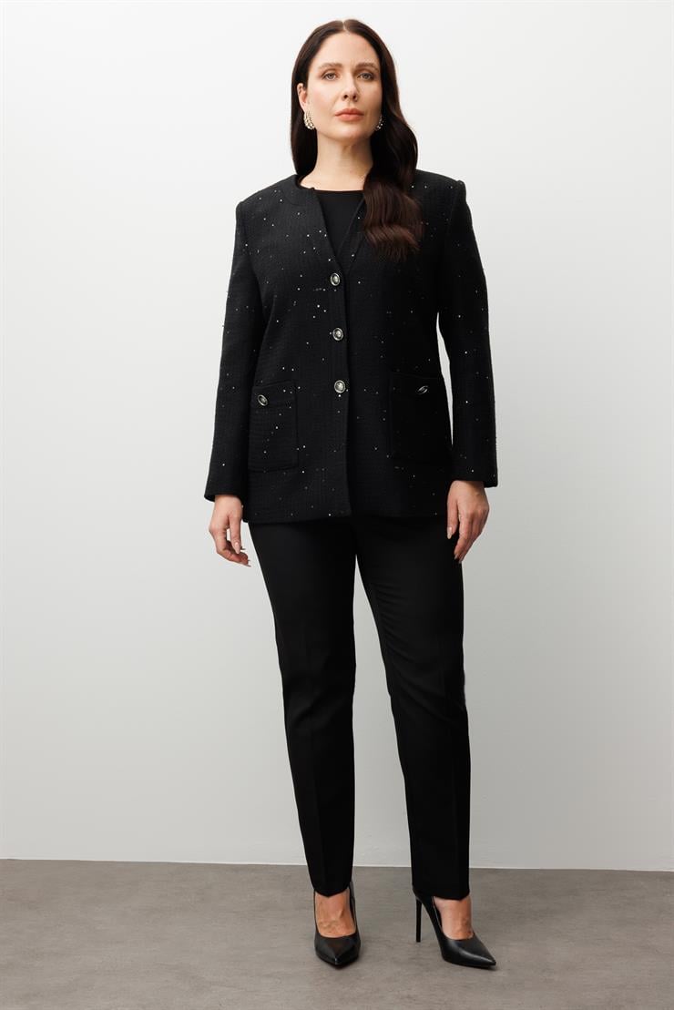 Modailgi  V Yaka Pullu Tüvit Kumaş Ceket Siyah