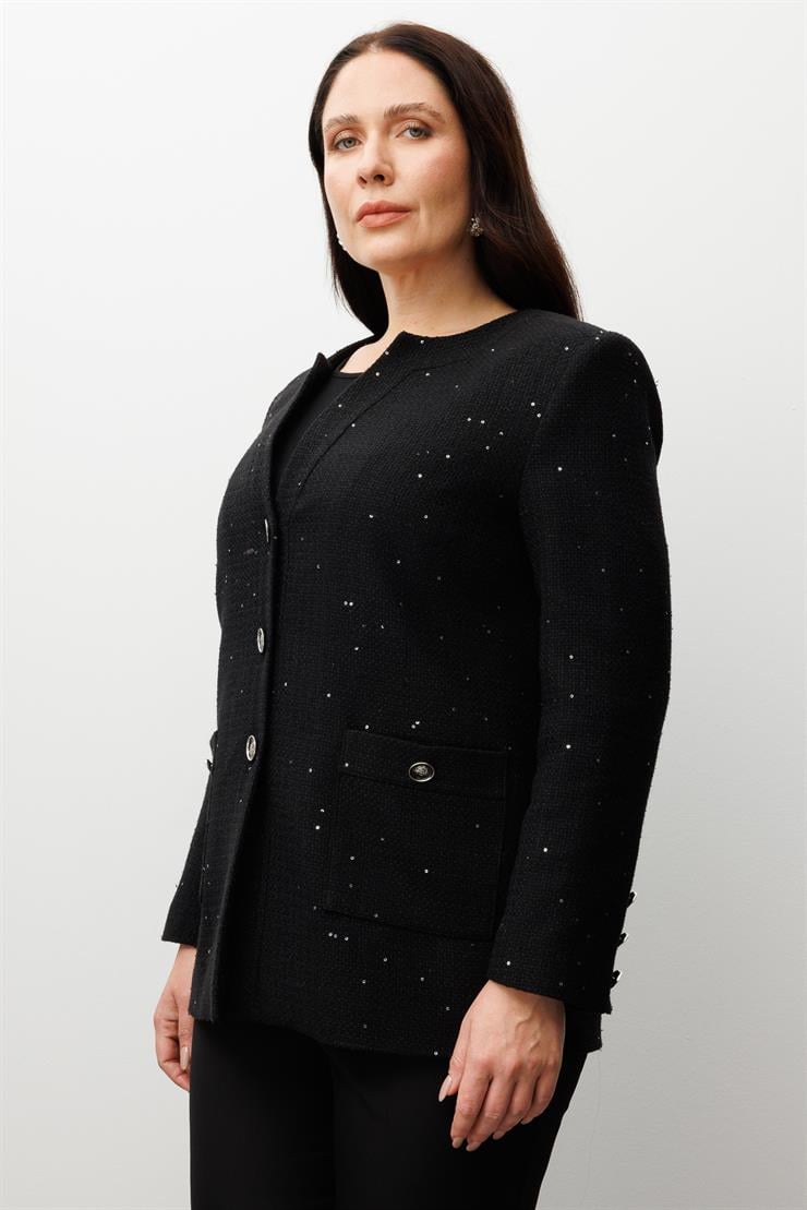 Modailgi  V Yaka Pullu Tüvit Kumaş Ceket Siyah