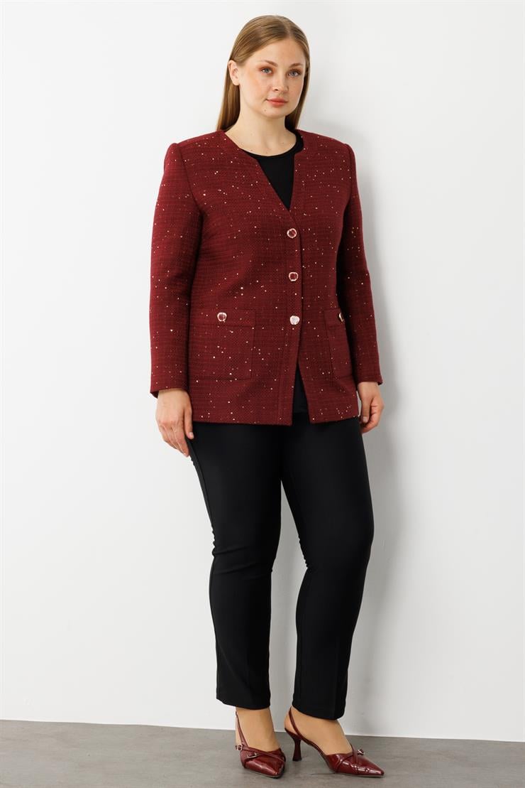 Modailgi  V Yaka Pullu Tüvit Kumaş Ceket Bordo