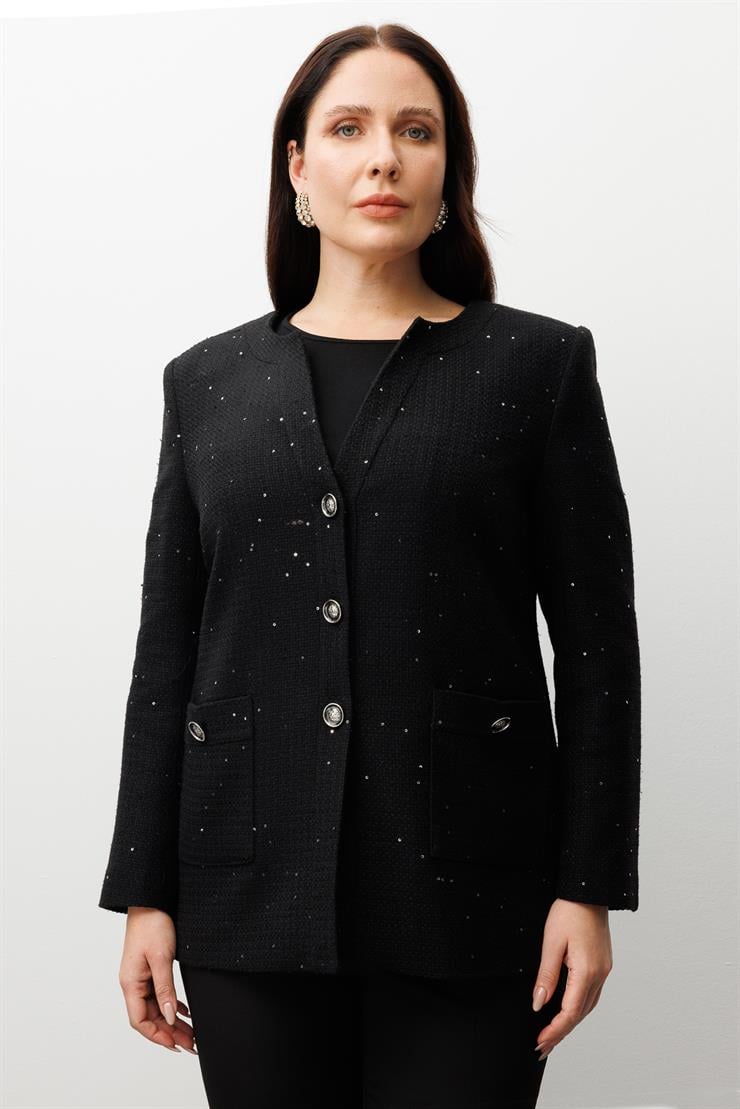 Modailgi  V Yaka Pullu Tüvit Kumaş Ceket Siyah