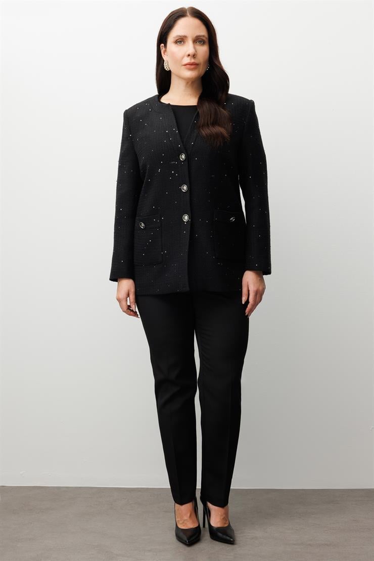 Modailgi  V Yaka Pullu Tüvit Kumaş Ceket Siyah