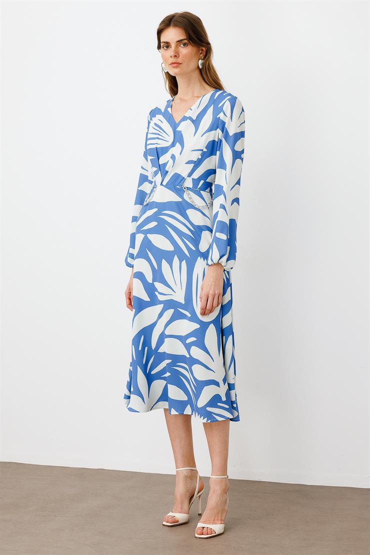 Modailgi  V Yakalı Uzun Kol Önden Pile ve Zincir Kuşak Detaylı Midi Boy Elbise İndigo