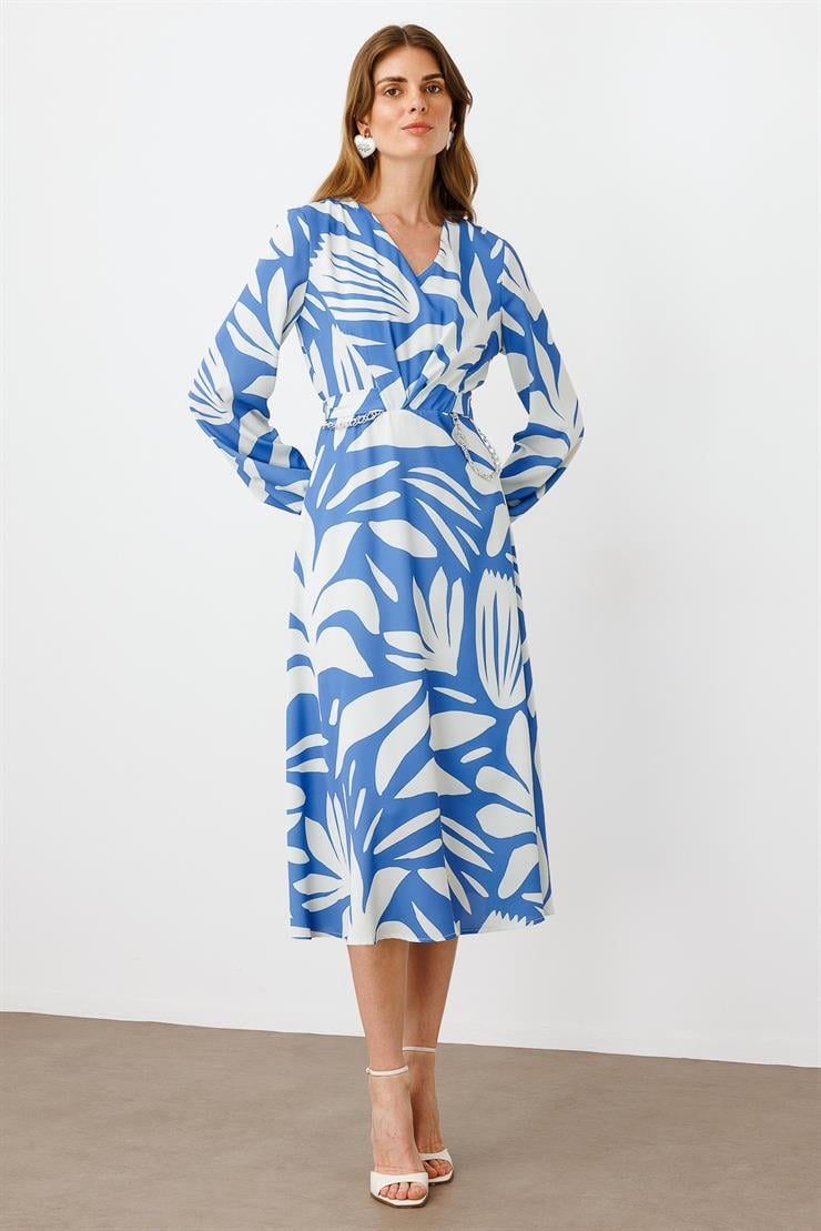 Modailgi  V Yakalı Uzun Kol Önden Pile ve Zincir Kuşak Detaylı Midi Boy Elbise İndigo