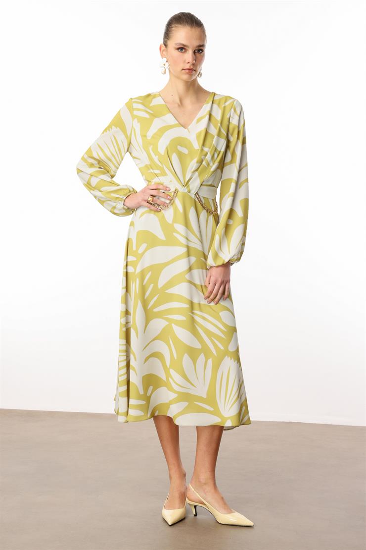 Modailgi  V Yakalı Uzun Kol Önden Pile ve Zincir Kuşak Detaylı Midi Boy Elbise Asit