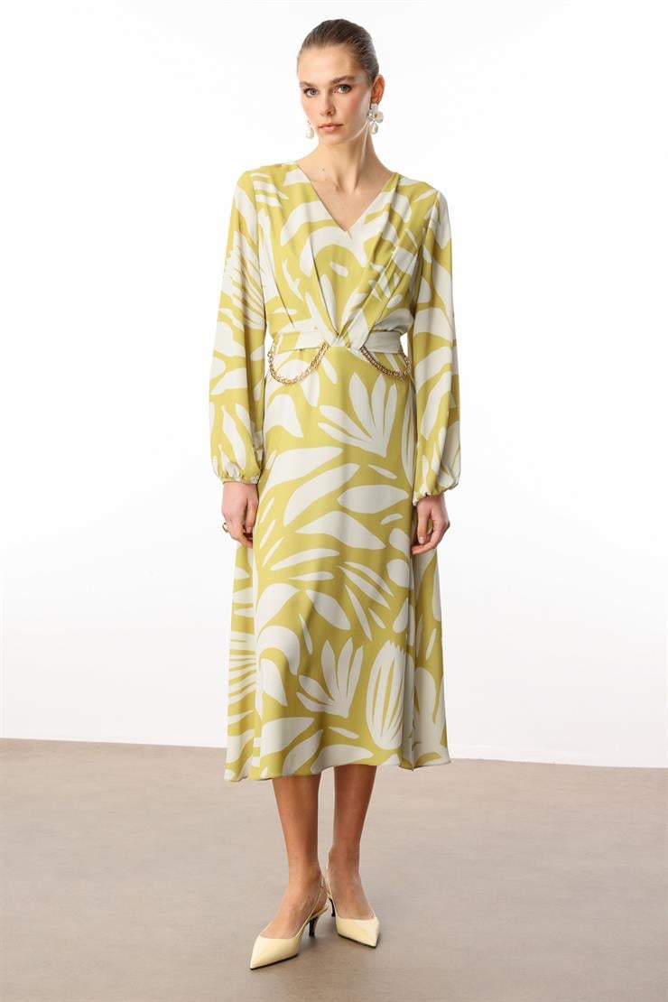 Modailgi  V Yakalı Uzun Kol Önden Pile ve Zincir Kuşak Detaylı Midi Boy Elbise Asit