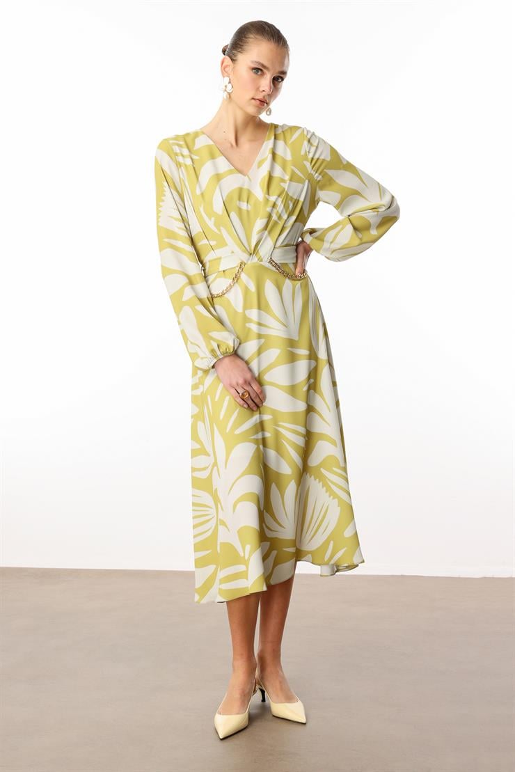 Modailgi  V Yakalı Uzun Kol Önden Pile ve Zincir Kuşak Detaylı Midi Boy Elbise Asit