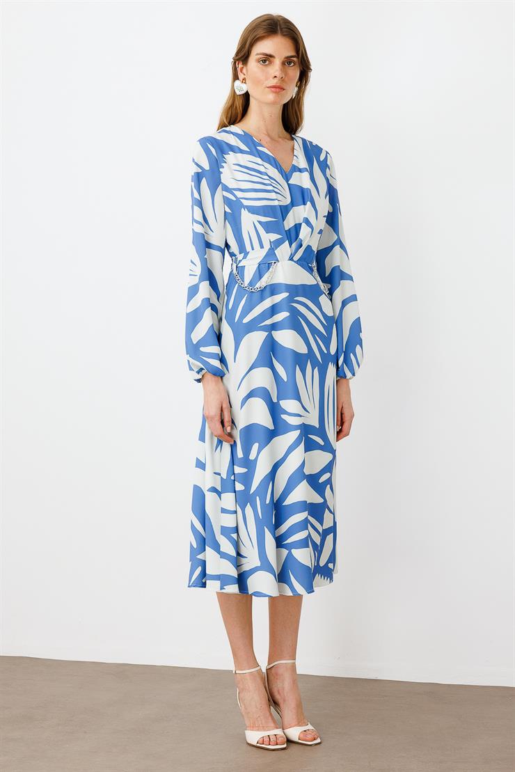 Modailgi  V Yakalı Uzun Kol Önden Pile ve Zincir Kuşak Detaylı Midi Boy Elbise İndigo