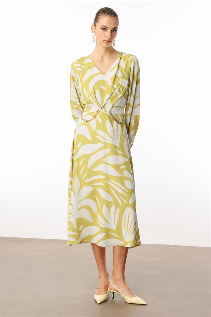 Modailgi  V Yakalı Uzun Kol Önden Pile ve Zincir Kuşak Detaylı Midi Boy Elbise Asit