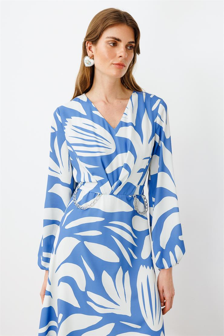 Modailgi  V Yakalı Uzun Kol Önden Pile ve Zincir Kuşak Detaylı Midi Boy Elbise İndigo